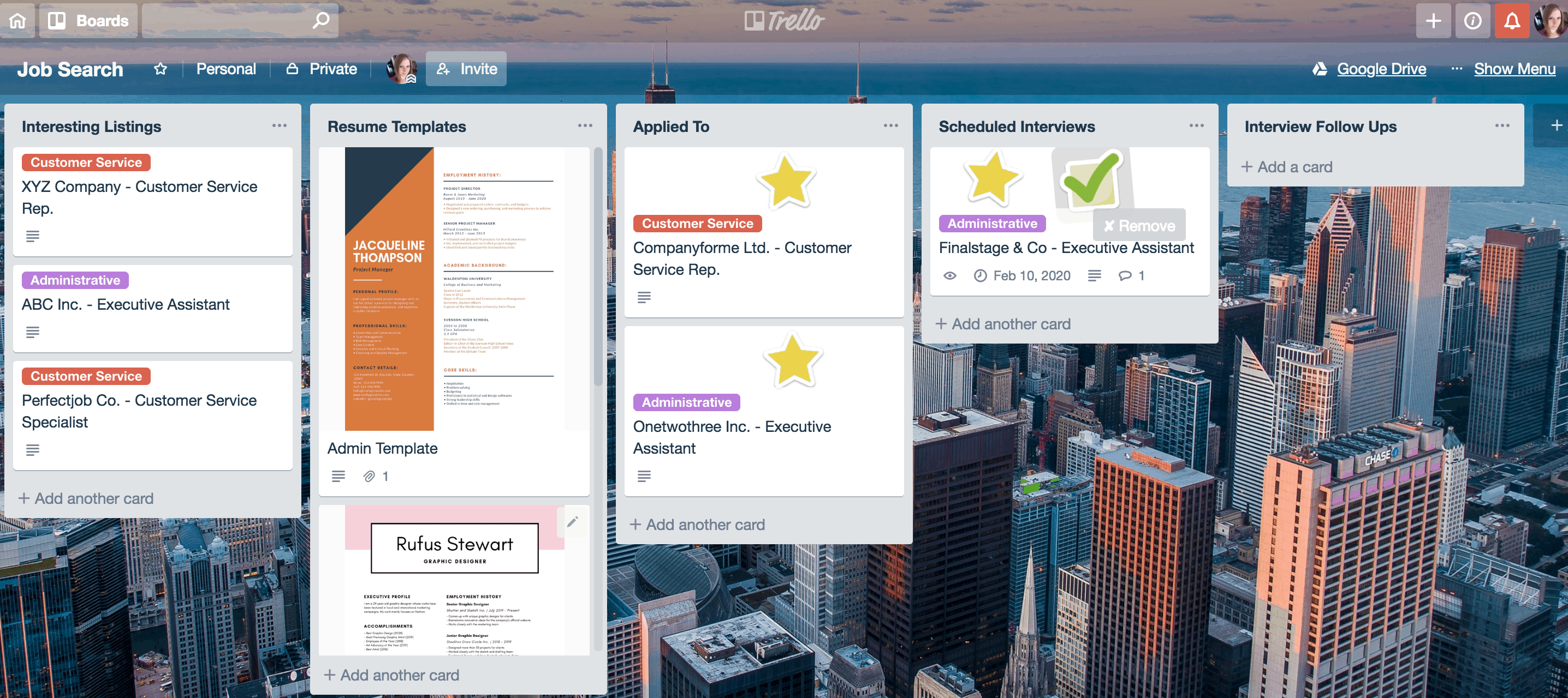 Example of how you would set up a job search Trello board.