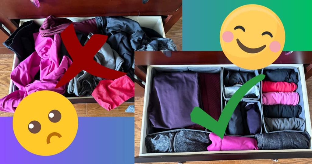 how to organize workout clothes feature image - messy drawer, clean drawer