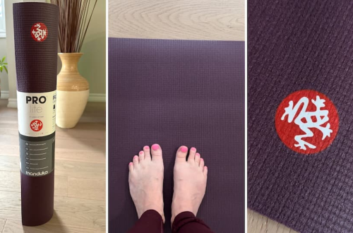 manduka pro lite review - feature image, from left to right, how the mat arrived, me standing on the mat, close up of mat logo