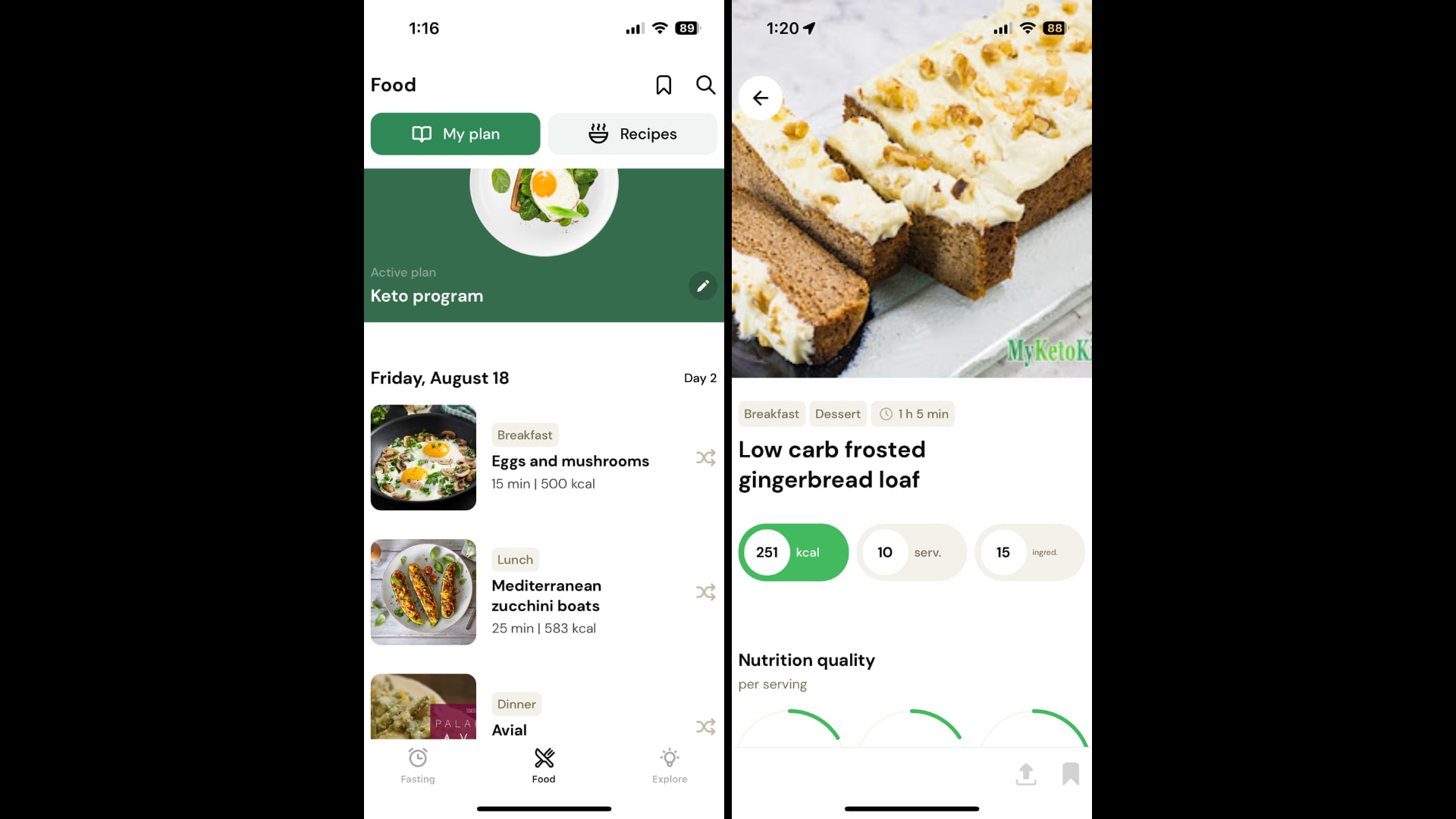 Lasta app screenshot - keto food program and recipe for low carb gingerbread loaf