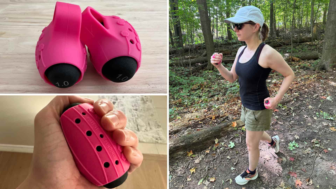 Left: pictures of the pink egg weights. Right: Me power walking through the woods with my egg weights.